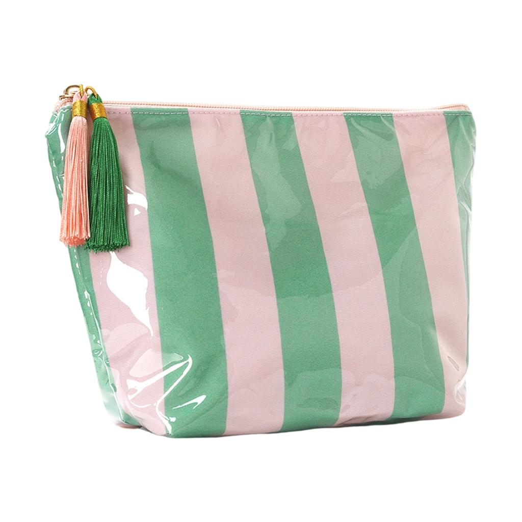 Large Capacity Waterproof PVC Travel Toiletry Bag with Striped Pattern and Tassel Zipper for Makeup Brushes and Accessories Storage Organizer