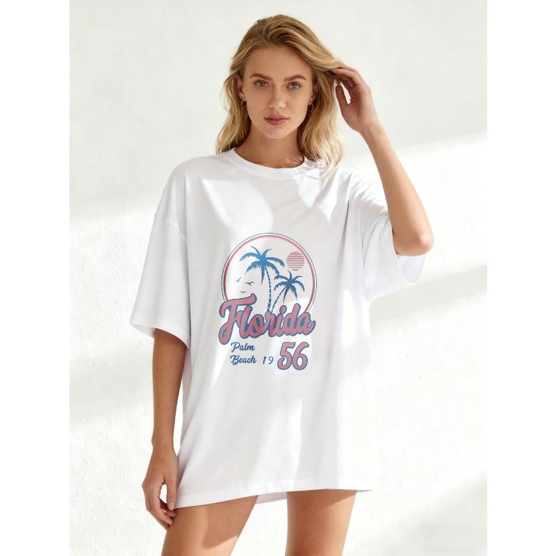Oversized T-Shirt Black Florida Palm Beach 1956 Tropical Palm Trees And Sunset Graphic Summer Vacation Wear