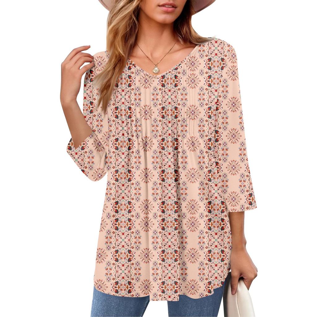 Damen Tops V-Ausschnitt Dreiviertelärmel Gestreift Plissee Casual Sommermode Shirt Tops