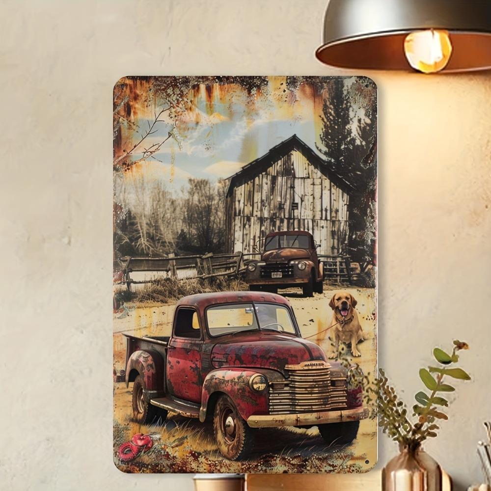 Vintage Truck and Dog Metal Tin Sign - 8x12" 2D Flat Rustic Farmhouse Wall Art, Home Bar Garage Decor