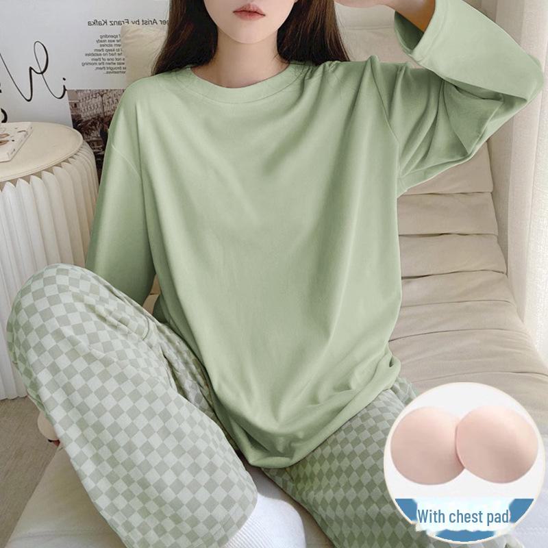 Women's Milk Silk Checkerboard Pajama Set - Round Neck, Long-Sleeve, Self-Contained Breast Pads for Spring and Autumn