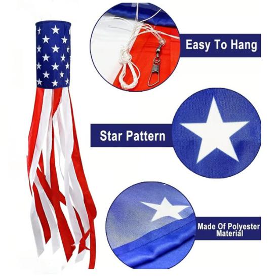 LED Patriotic Windsock, Red White Blue American Flag Wind Sock with 10 Streamers, 3 Lighting Modes, 4th of July Outdoor Flag Decor