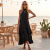 Women's Summer Retro Elegant Casual Round Neck Sleeveless Ruffled Midi Beach Dress