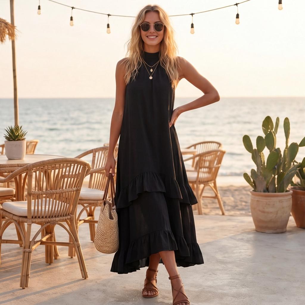 Women's Summer Retro Elegant Casual Round Neck Sleeveless Ruffled Midi Beach Dress