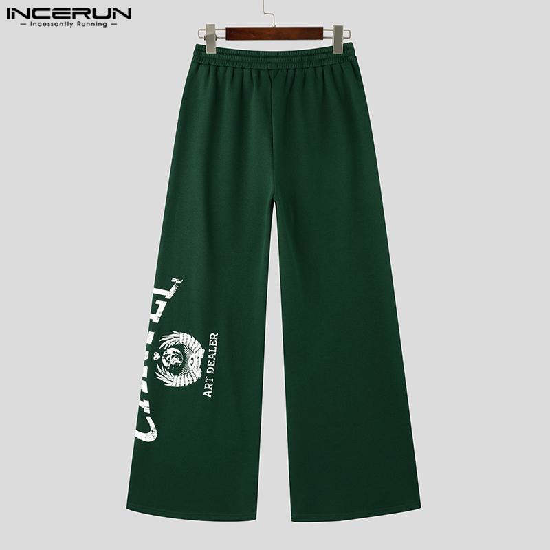 INCERUN Men Elastic Waist Drawstring Print Loose Wide Legs Pants Casual Sport Trousers