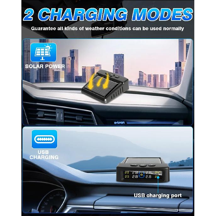 Tire Pressure Monitoring System,RV Tire Pressure Monitor System With Solar Charge Or USB, Tire Monitoring System With 4 Sensors & 6 Alarm Modes