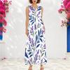 Women Plus Size Notch Neck Sleeveless White Blue Yellow Floral Printed A Line Long Maxi Dress