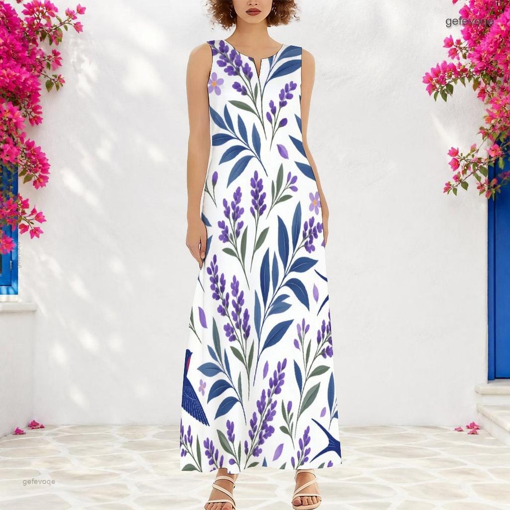 Women Plus Size Notch Neck Sleeveless White Blue Yellow Floral Printed A Line Long Maxi Dress