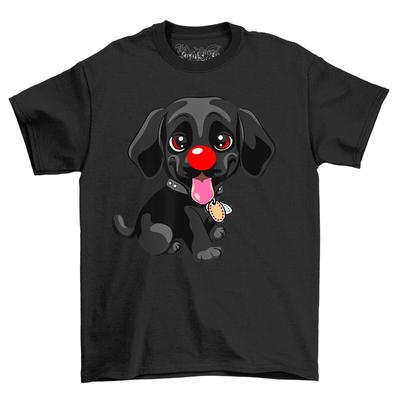 Niedliches schwarzes Hund Rote Nase Neuheit Lustiges T-Shirt Erwachsene und Kinder Comedy T-Shirt