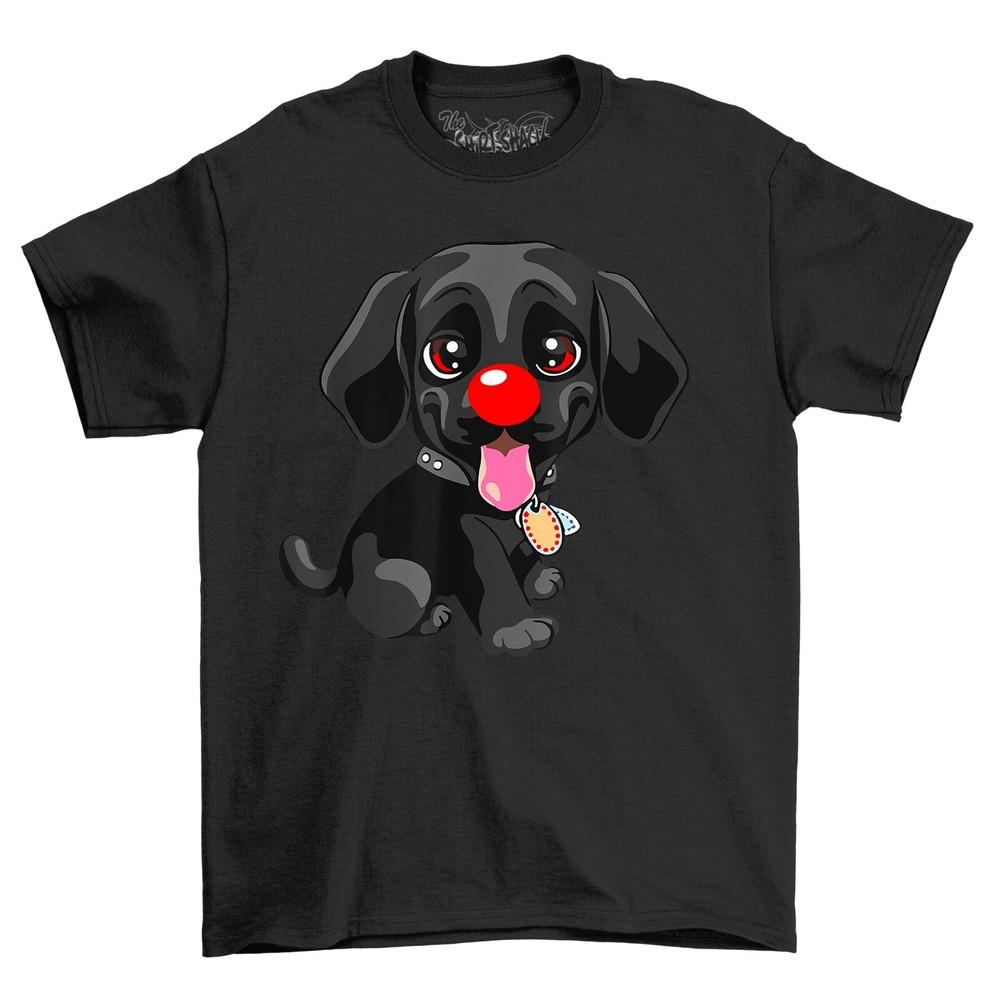 Cute Black Dog Red Nose Novelty Funny T-Shirt Adults and Kids Comedy Tee Shirt
