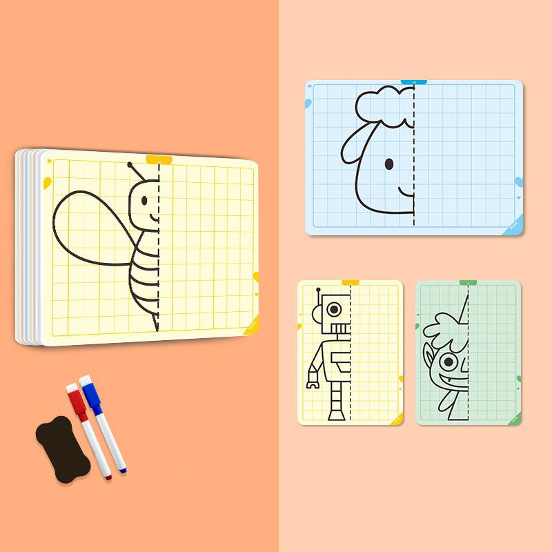 20 Sayfa Çocuk Kareli Simetrik Çizim Oyuncakları Konsantrasyon İnce Motor Becerisi Kalem Kontrolü Eğitimi Silinebilir Boyama Kartları