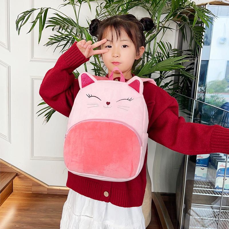 Kids Cartoon Plush Cat Backpack With Breathable Straps For Kindergarten School
