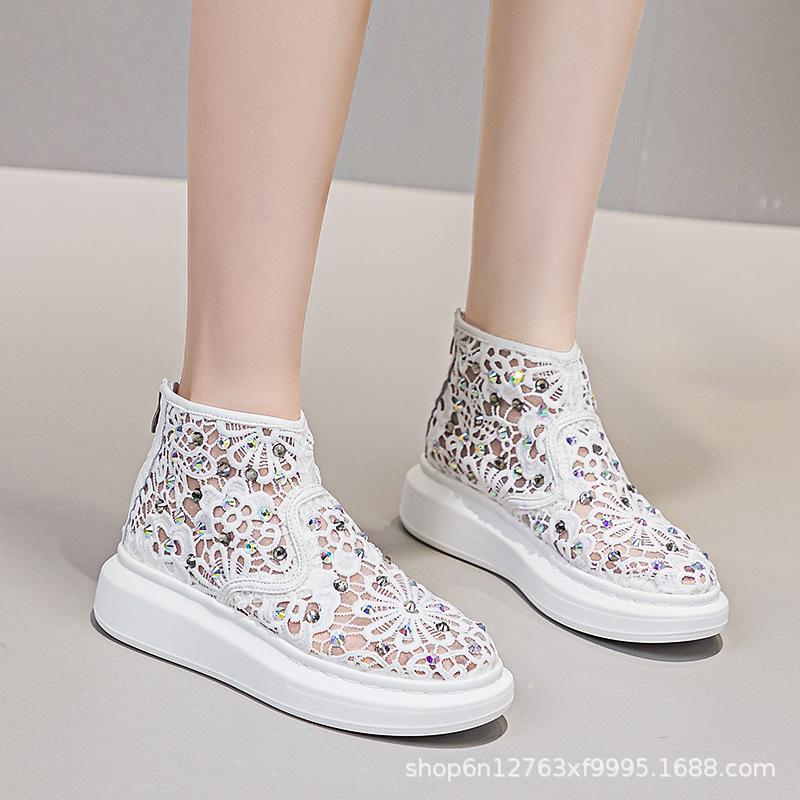 Leather lace mesh rhinestone high-top women's summer new full diamond casual fashion hole women's shoes