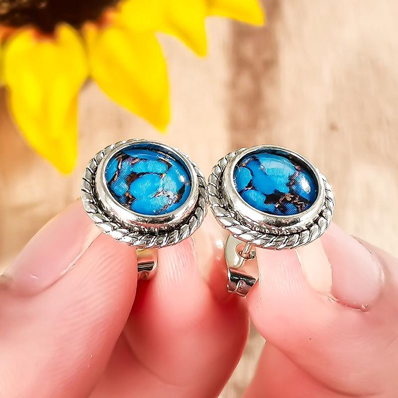 Turquoise composite earrings, Bohemian woven border round women's stone earrings, Western casual jewelry gifts