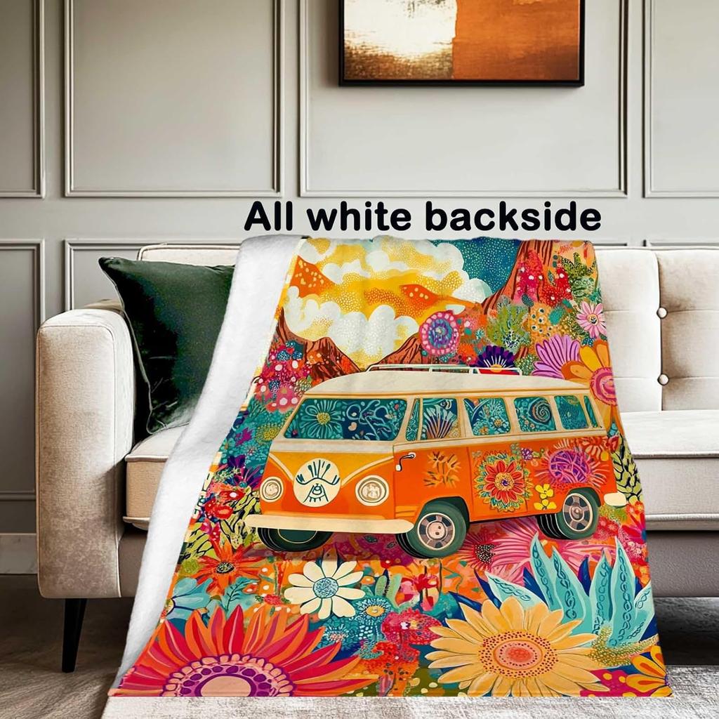 Boho Hippie Bus Bloemendeken, 1960s Psychedelische Festival Kunst Plaid Kleurrijk Gezellig Zacht Warm Deken voor Bank Bed Sofa