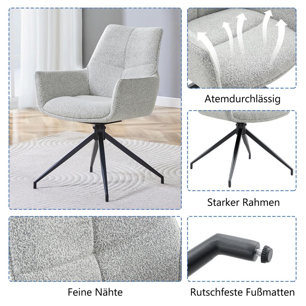 [Set of 2] European 360 degrees Swivel Upholstered Chair: Light Beige-Grey Fabric + Black Lacquered Metal Legs, Breathable and Comfortable