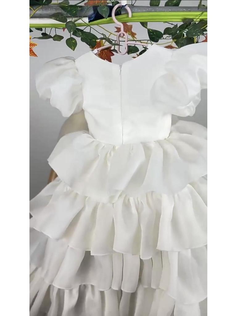 Girls' White Puffy Princess Dress - Flower Girl Wedding Long Gown