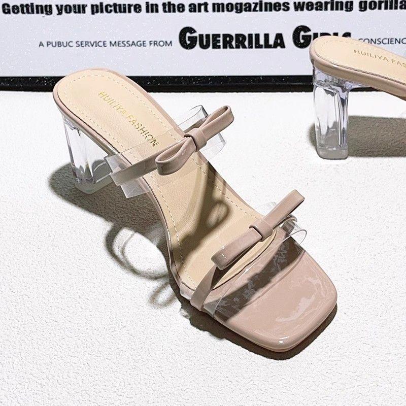 2025 Spring Sweet Pink New Bow Open-toed Cool Slippers Fashionable Transparent Crystal High-heeled Half Slippers Women