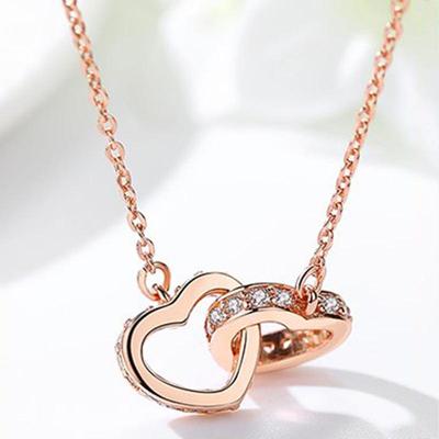 Collier S925 Argent Sterling Cœur à Cœur Or Rose avec Pendentif Simple - Chaîne de Pull Clavicule Tendance Style Japonais et Coréen