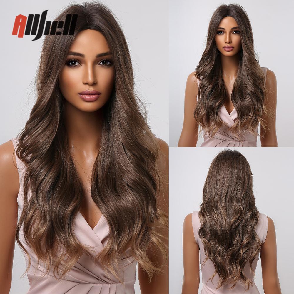 Long Wavy Black Ombre Brown Wigs With Bangs Synthetic Natural Wave Wig for Black Women Heat Resistant Fake Hair Cosplay Wig
