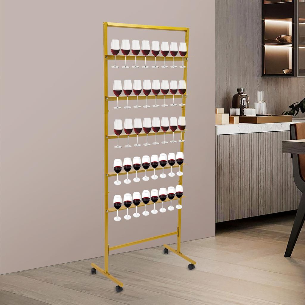 5-Tier Gold Steel Champagne Wine Glass Holder, Rotatable Swivel Casters Stable Flutes Display Stand, Party Glass Storage Rack