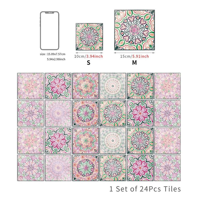 24PCS Moroccan Wall Sticker Self-adhesive Tile Stickers for Kitchen Bathroom Mandala Patterned Art Waterproof Wall Sticker Decal