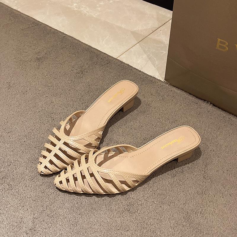 Frühling und Sommer neue Hausschuhe Damen Außenbekleidung Temperament literarisch und retro spitz niedriger dicker Absatz Sandalen Schweinekäfigschuhe