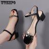 Women's Fashion High Heel Sandals Summer Leather Low Heel Simple Sexy Square Head Fairy Wind Sandals | Sequins Rhinestones A Buckle | PU Material