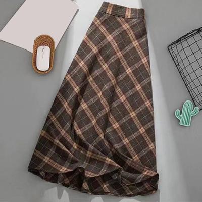 Herbst-Winter-Damenrock, hohe elastische Taille, karierter Druck, farblich passende A-Linie, großer Schwung, dick, warm, weich, gerafft, mittellanger Midi-Rock