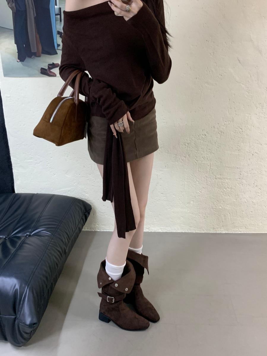 

Retro belt buckle casual mid boots thick heel high heel Martin boots autumn and winter pointed head thin and heightened western cowboy boots 39 темно-коричневого