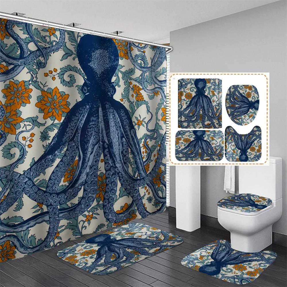 Ocean Monster Octopus Print Shower Curtain Set Waterproof Bathroom Curtain Set With Rugs Toilet Cover Mat For Bathroom Decor