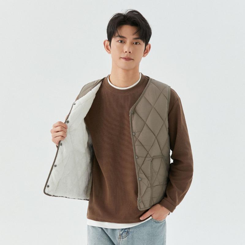Men's Autumn and Winter Velvet Warm Medium and Green Vest Liner Pocket Men's Rhombus Short Snap Vest