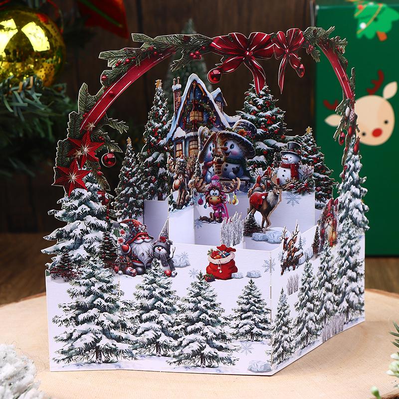 1 Stück 3D Weihnachtskarte mit verschneitem Winterhaus und Weihnachtsbaumdesign, inklusive Umschlag, festliche Grüße für Familie und Freunde