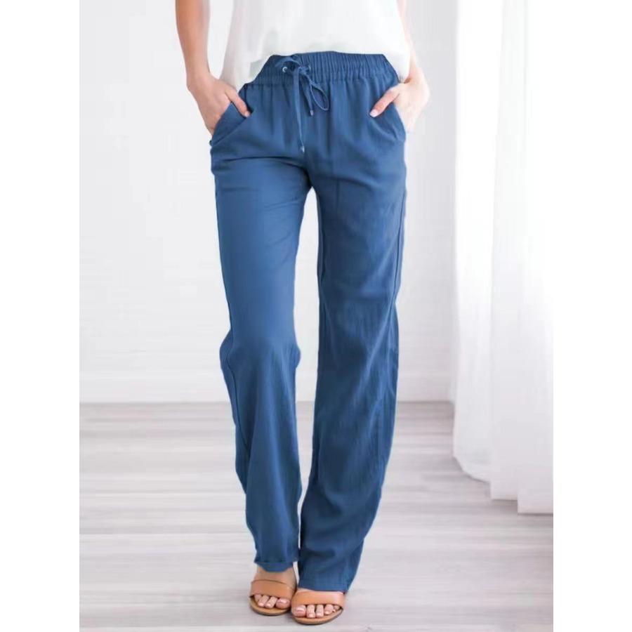 GMXIA Spring Summer Solid Color Cotton/linen Loose Drawstring Casual Wide-leg Trousers Women