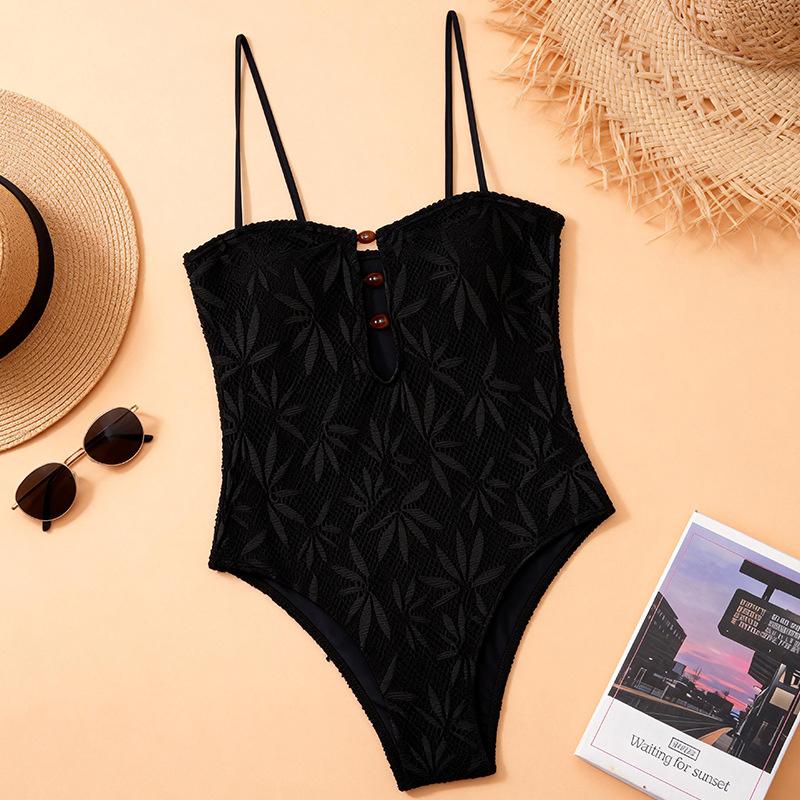 Bañador de una pieza con estampado de hojas, con tiras de cuentas caladas, estilo bohemio, control de abdomen con malla, bañador para mujer