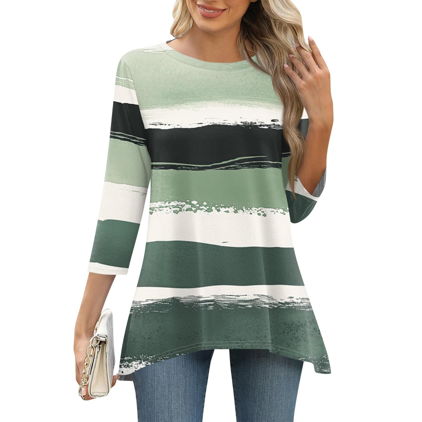 

3/4 рукав туника топы для женщин принтованный повседневный выходной свободный крой модная базовая футболка с круглым вырезом XXL зелёный