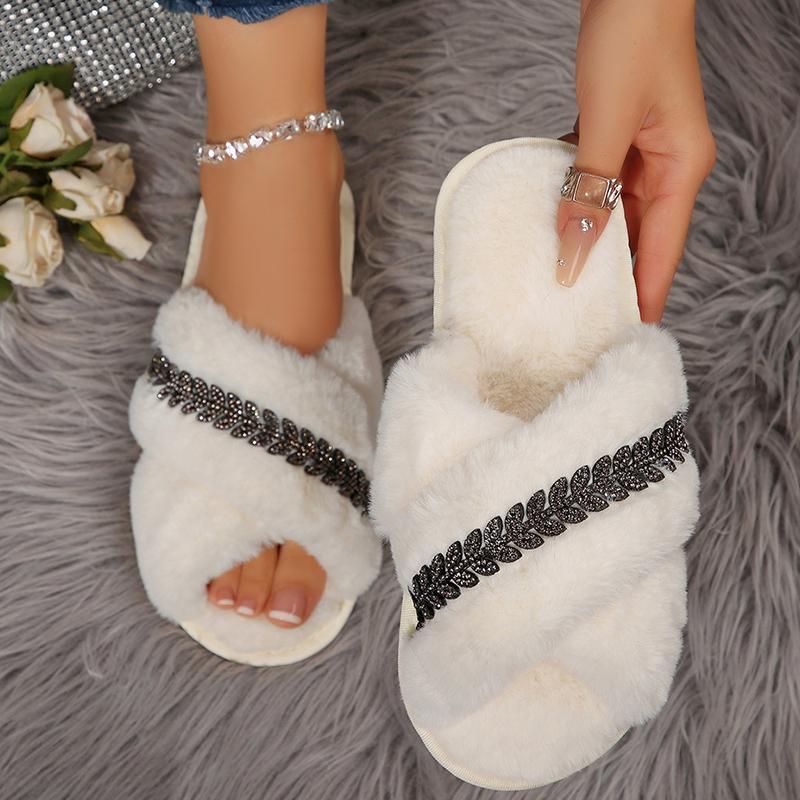 Fashion Crystal Decor Faux Fur Slippers Women Autumn Winter Cross Band Home Slides Woman Comfort Flat Solt Plush Slippers Female