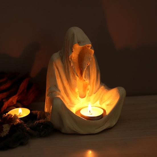 Halloween Candle Holder Spooky Resin Grim Reaper Skeleton Human Organ Statue Tabletop Tea Light Holder for Home Office Kitchen Mantel Decor