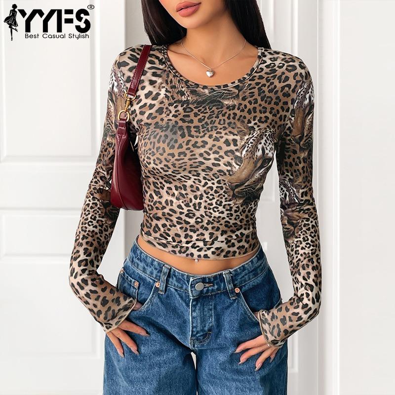 YYFS Women's Fashion Casual Spring Autumn Leopard Print Long Sleeve O-Neck Blouses & Shirts