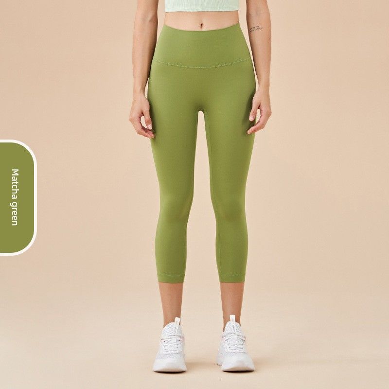 

High Top Sports Cropped Pants Stretch Tight Training Pant Summer Yoga Pants Hip Lifting No Embarrassment Line Breathable Pocket for Women Matcha green S