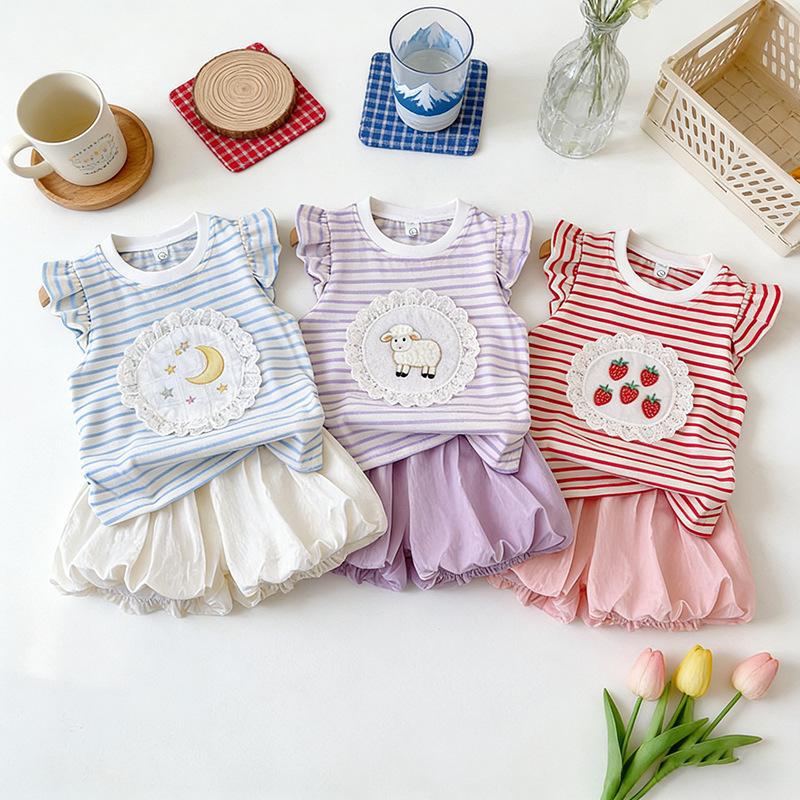 Summer Girls Dopamine Sweet Cartoon Striped Top With Bud Shorts Lace Trim Two Piece Set Cute Kids Outfit