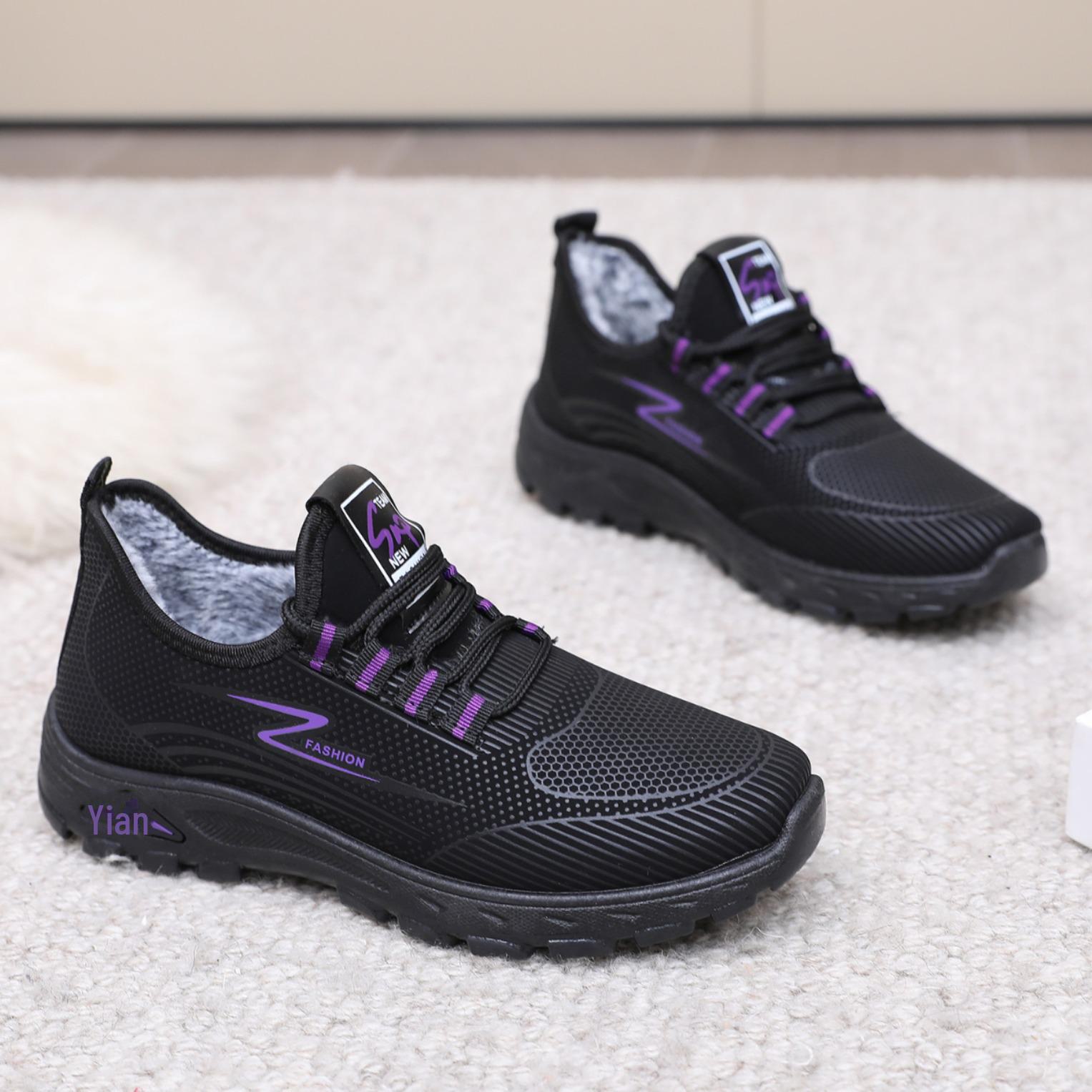 

Женские водонепроницаемые ботинки из нубука и хлопка 2024 года — спортивная обувь с плюшевой подкладкой и мягкой подошвой для зимних прогулок 41 чёрный/фиолетовый