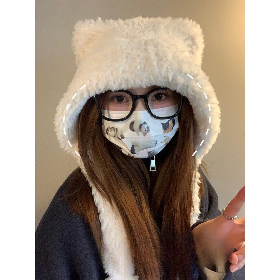 Plush Hat for Women In Winter with Bear Ears Cute Thickened Knitted Hat  Warm Ear Protection  Big Head Circumference  Bag Bag Hat