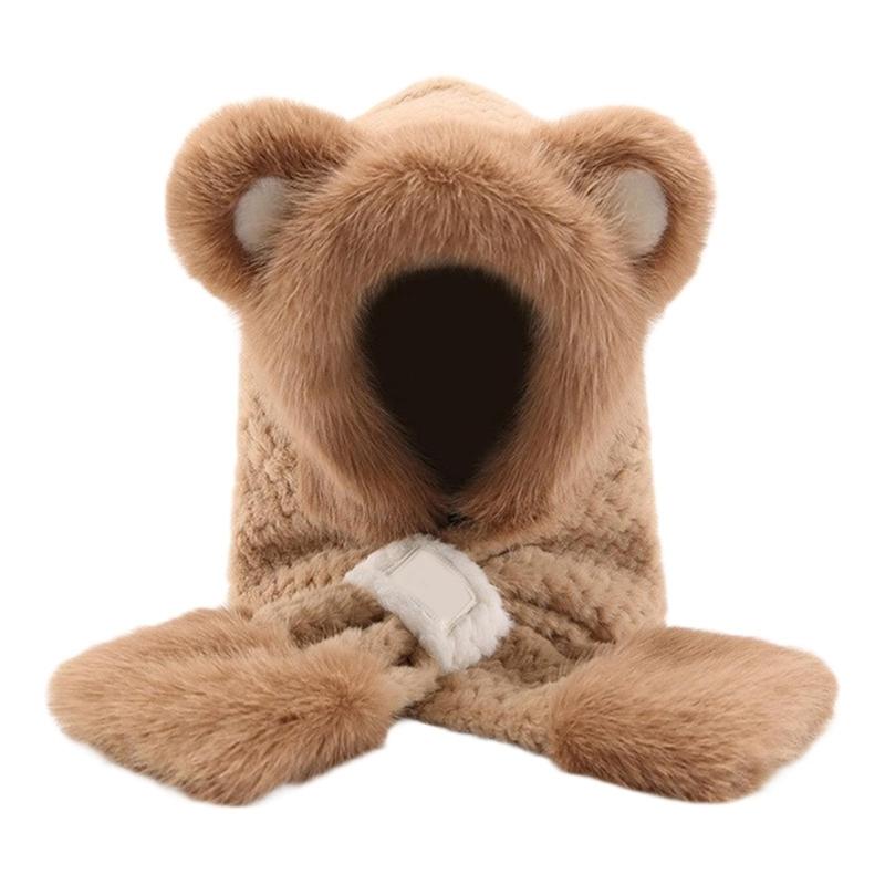 Faux Rabbit Furs Scarf Hat with Bear Ear Design For Women Teens Outdoor Winter Activity Cold Weather Pullover Hat хаки