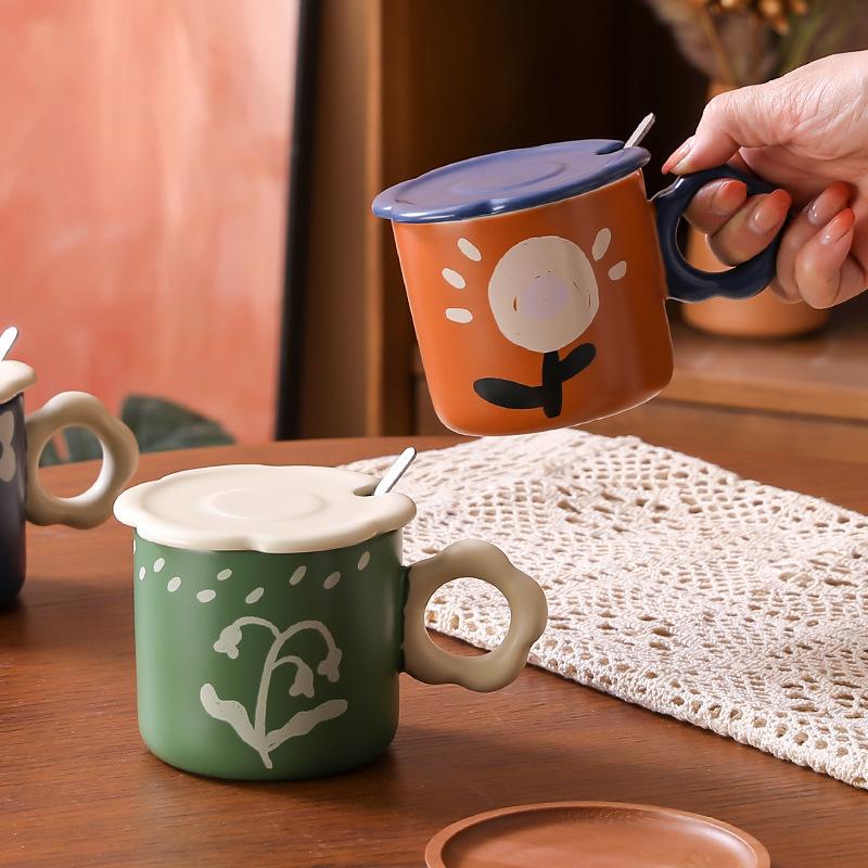 Retro Oil Painting Style Ceramic Mug with Lid Spoon Office Drinking Cup Girls Home Milk Cup Design Sense