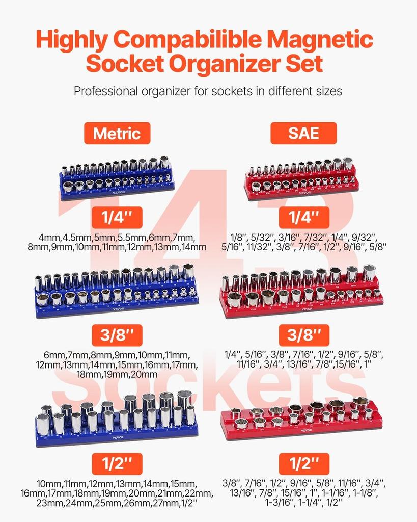 Magnetic Socket Organizer Set 6PCS Socket Trays Blue & Red for Metric SAE