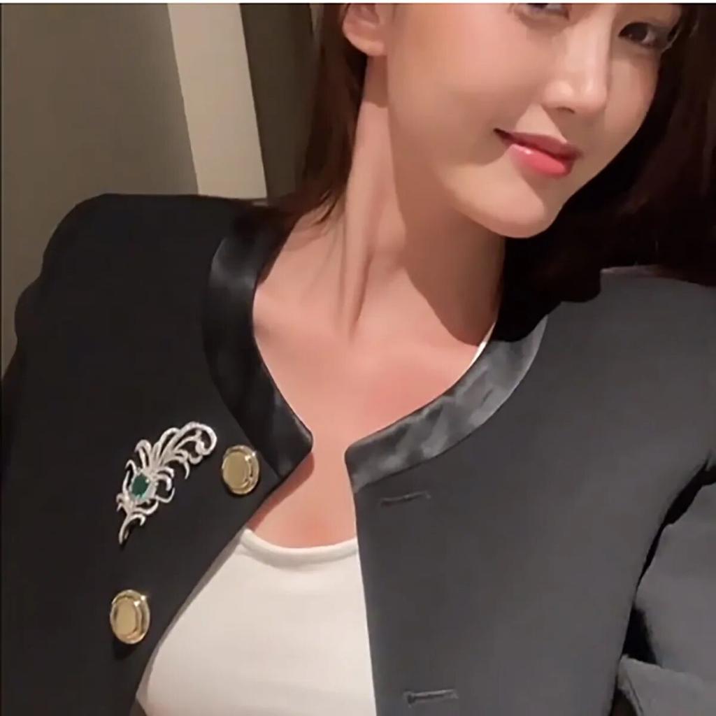 Winter New Feather Brooches for Women Men Luxuriously Inlaid Zircon Emerald Corsage Clothing Accessories Pin Fashion Jewelry