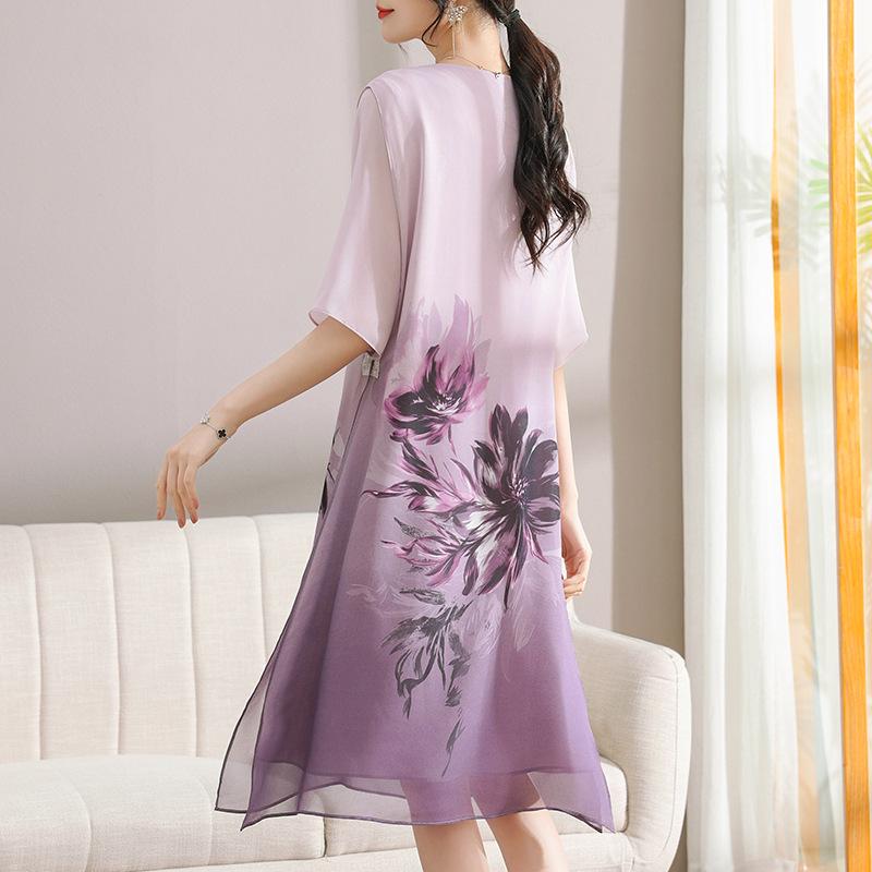 2026 Summer Chiffon Dress for Middle-Aged & Elderly Women - Mid-Length, Plus-Size, Belly-Concealing