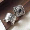 925 Sterling Silver Rings For Women Geometric Fine Jewelry Adjustable Simple Wide Black Stone Retro Ring For Party Birthday Gift
