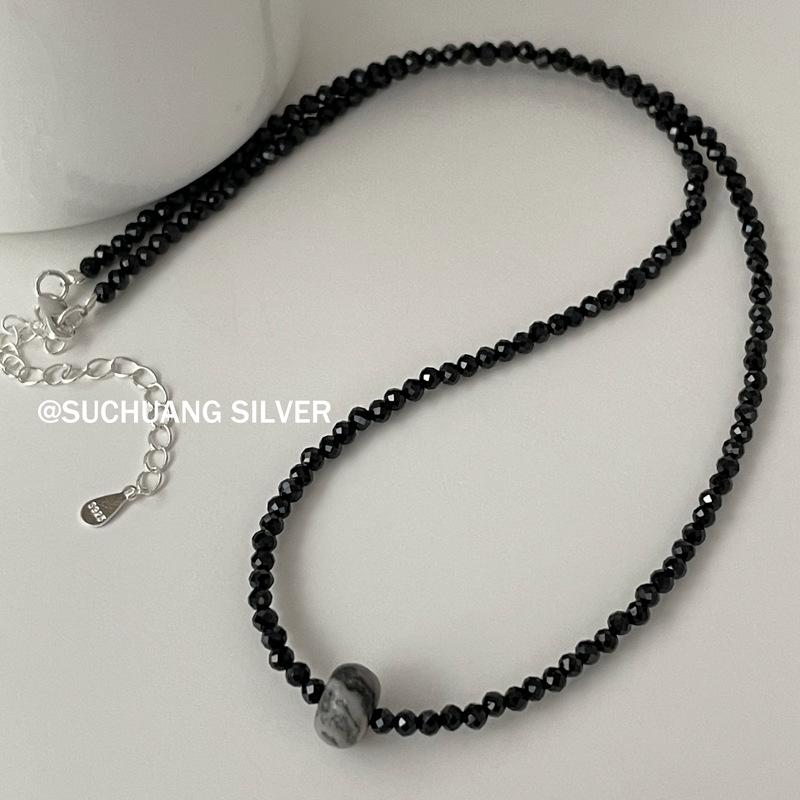 S925 Sterling Silver Black Spinel & Gray Stone Beaded Necklace - Sweet Cool High-End Layered Clavicle Chain for Girls